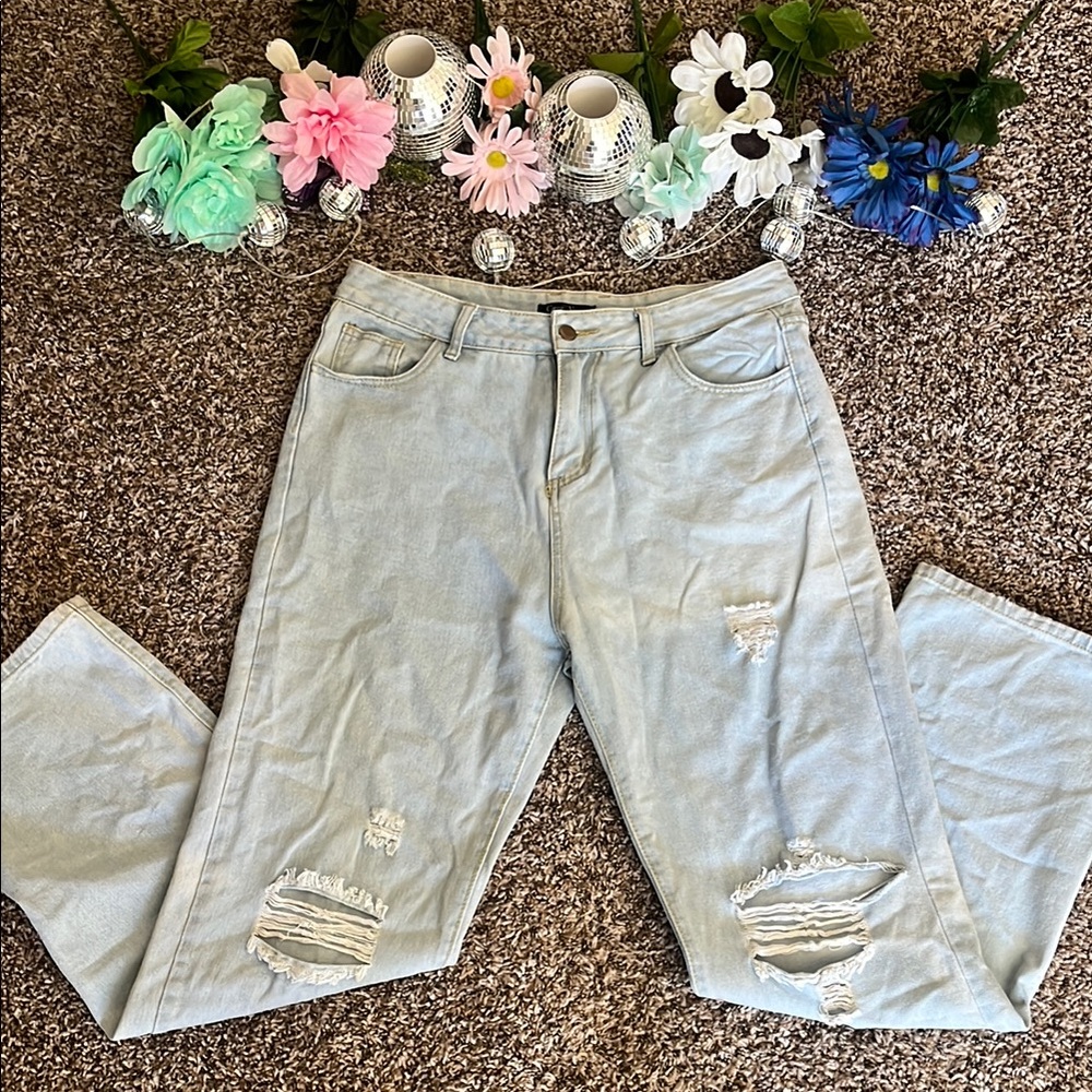 Light Blue Distressed Straight Leg Jeans